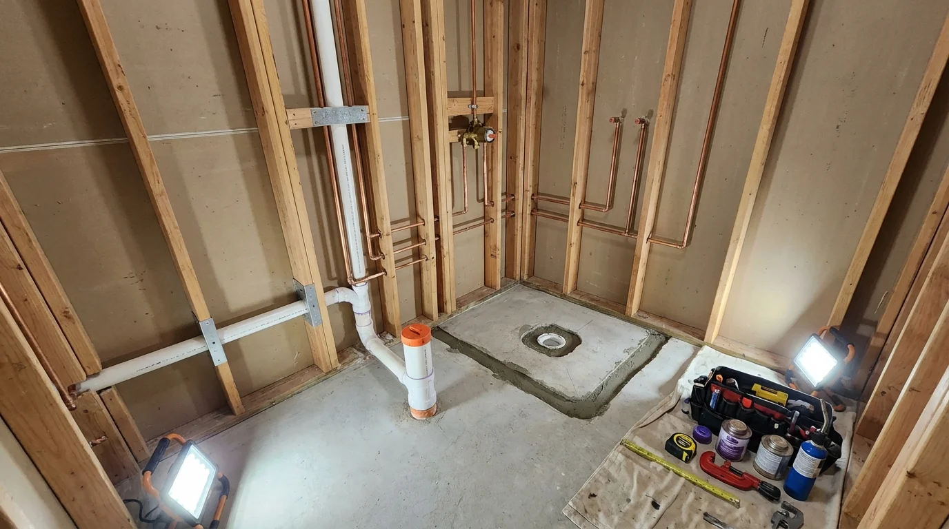 Bathroom rough-in plumbing during remodel by Johns Plumbing LLC in Steilacoom