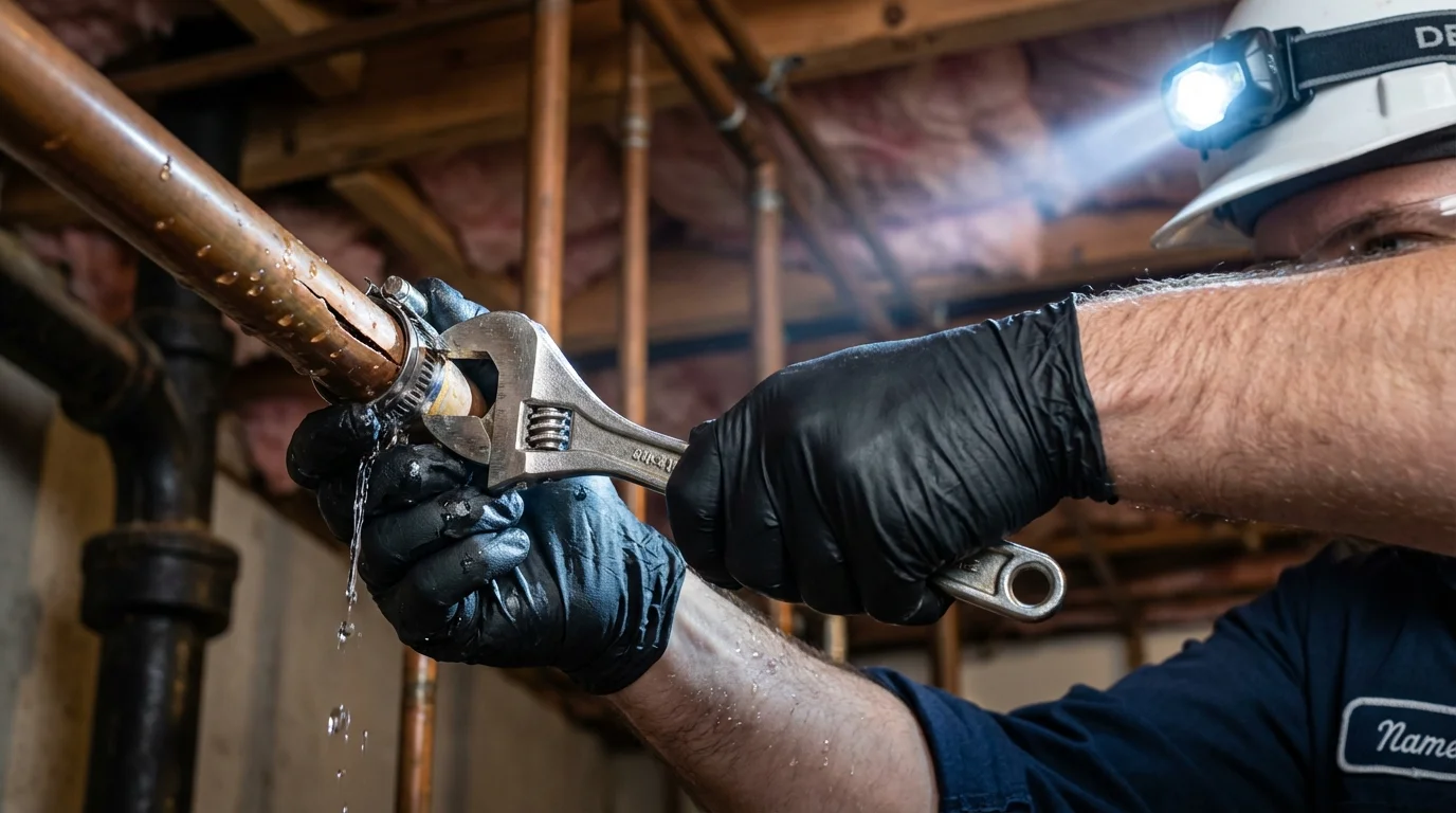 Emergency pipe clamp repair being performed by a Johns Plumbing LLC plumber in Steilacoom