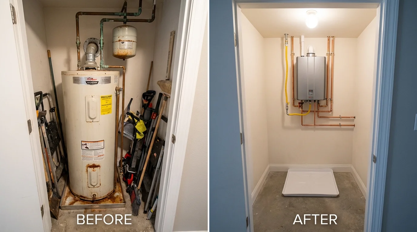 Tank water heater versus wall-mounted tankless unit comparison for Steilacoom, WA homeowners