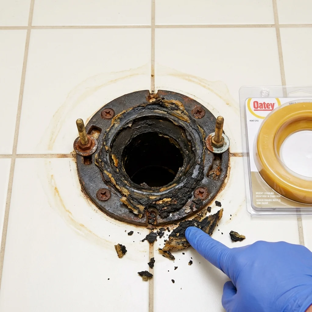 Failed wax ring showing water seepage at the base of a toilet in a Steilacoom, WA home